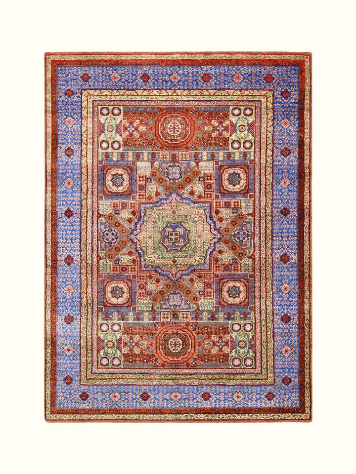 Front view of Traditional Persian Mamluk Rust Bhadohi Wool & Bamboo Silk Hand Knotted Rug showing the full rug and pattern layout