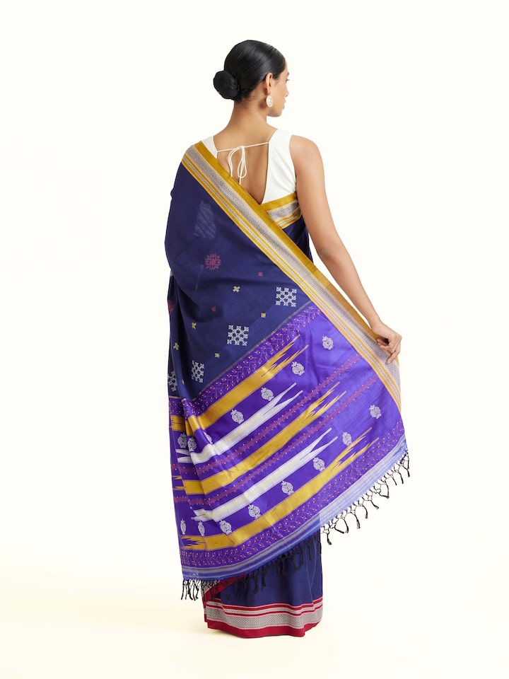 Back view of Blue Cotton Silk Kasuti Embroidered Saree emphasizing the overall design and fine details