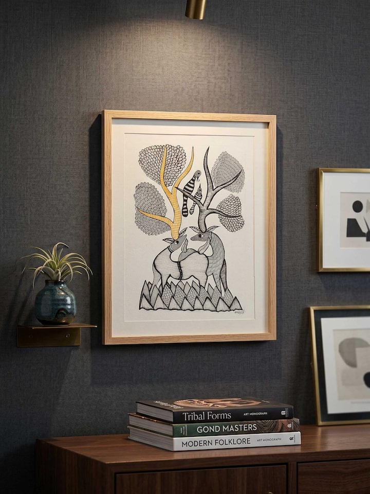 Styled view of Forest Serenity Gond Art displayed against a styled backdrop