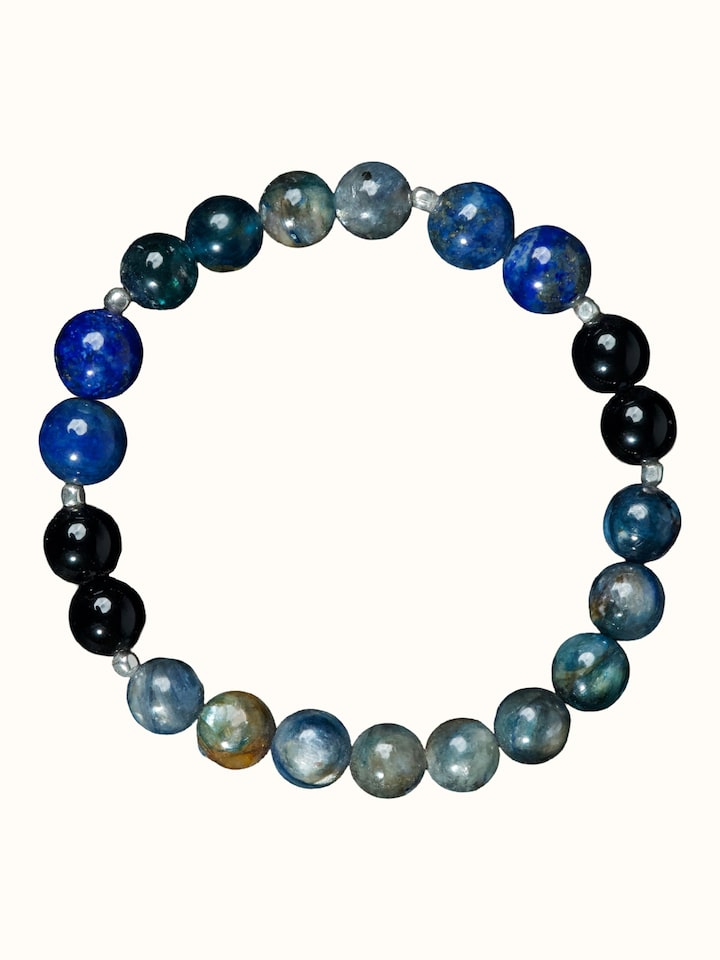 Front view of Gemstone Lapis Lazuli, Kyanite & Black Onyx Silver Bracelet showing the complete piece and design