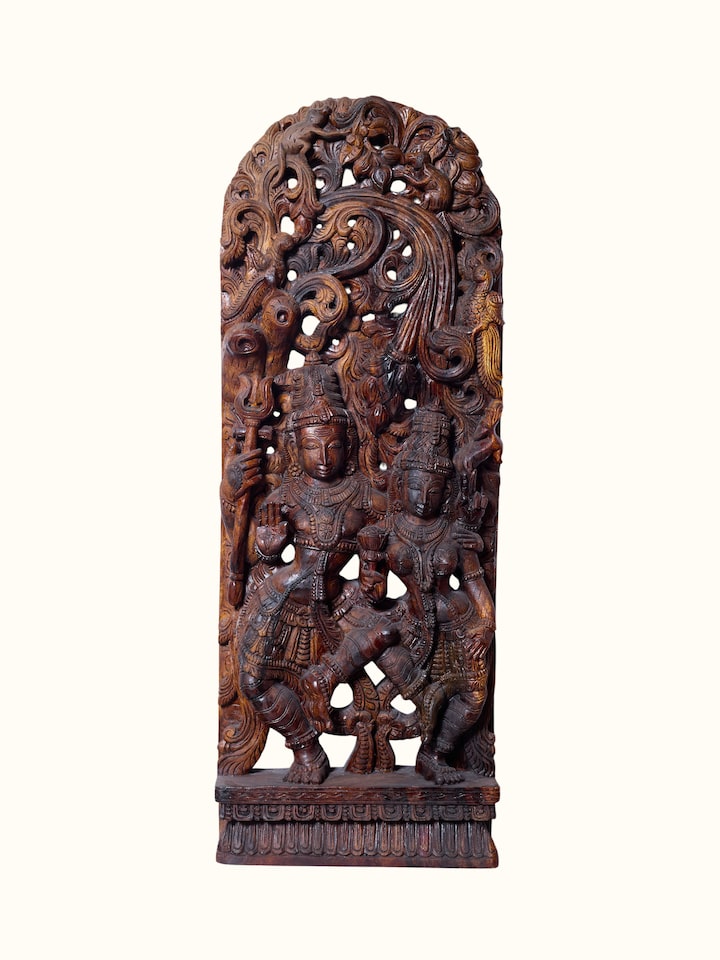 Front view of the Wood Carved Shiva Parvati Idol