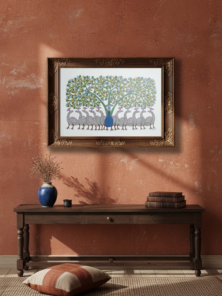 Left-side view of the Dancing Peacocks Gond Art