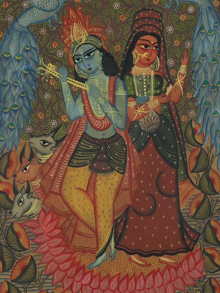 Side detail view of Radha Krishna Kalighat Painting