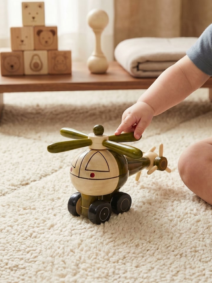 Side view of the Channapatna Ivory Wood Helicopter Toy Green