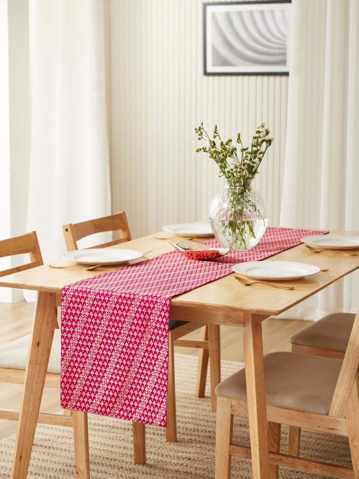 Avasa Pink Diagonal Stripe Banarasi Silk Brocade Handloom Table Runner