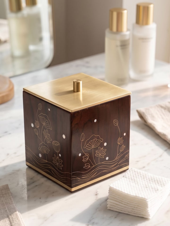 Styled view of Kamal Tarkashi Teak Wood Cotton Jar styled in a home setting