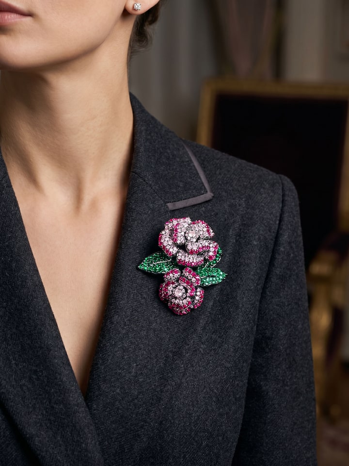 Styled view of Silver Smithing Brooch Pin pinned onto fabric, showing how it looks styled