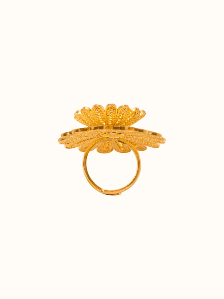 Detail view of Silver Smithing Ring showing the band and petal setting