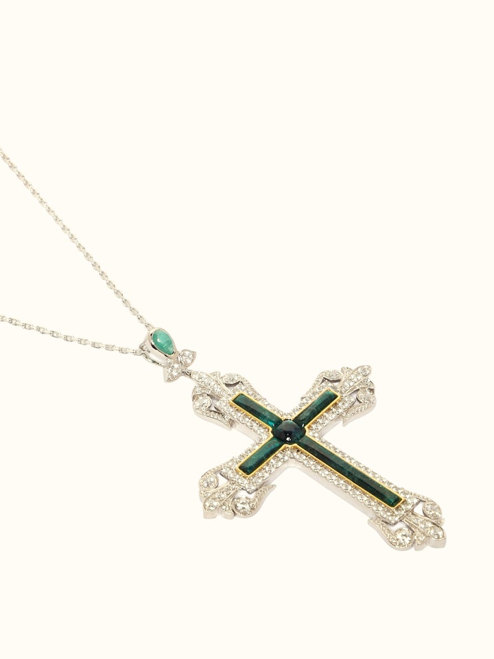 Detail view of Silver Smithing Pendant highlighting the stone setting and metalwork detail, from a different angle