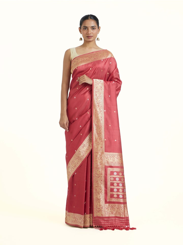 Front view of Pink Ashavali Brocade Silk Saree showcasing its traditional craftsmanship and design