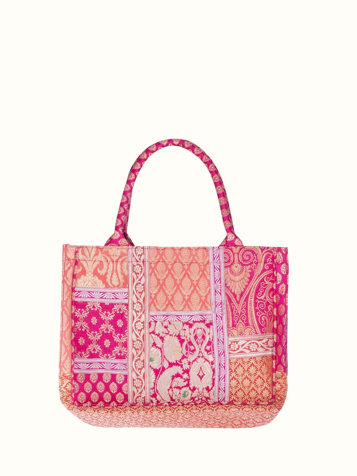 Front view of Brocade Patchwork Tote Bag showcasing its traditional craftsmanship and design