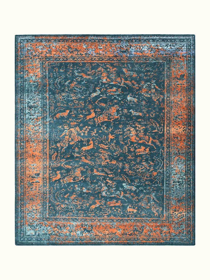 Front view of Transitional Persian Blue Shikargah Bhadohi Wool & Bamboo Silk Hand Knotted Rug showing the full rug and pattern layout