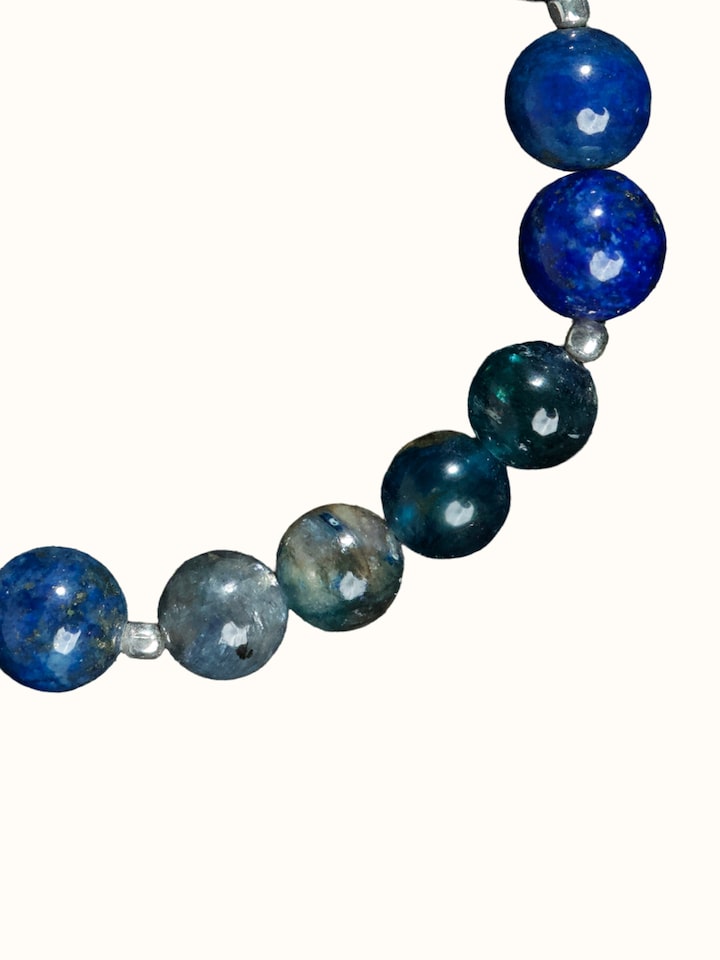 Detail view of Gemstone Lapis Lazuli, Kyanite & Black Onyx Silver Bracelet highlighting the stone setting and metalwork detail