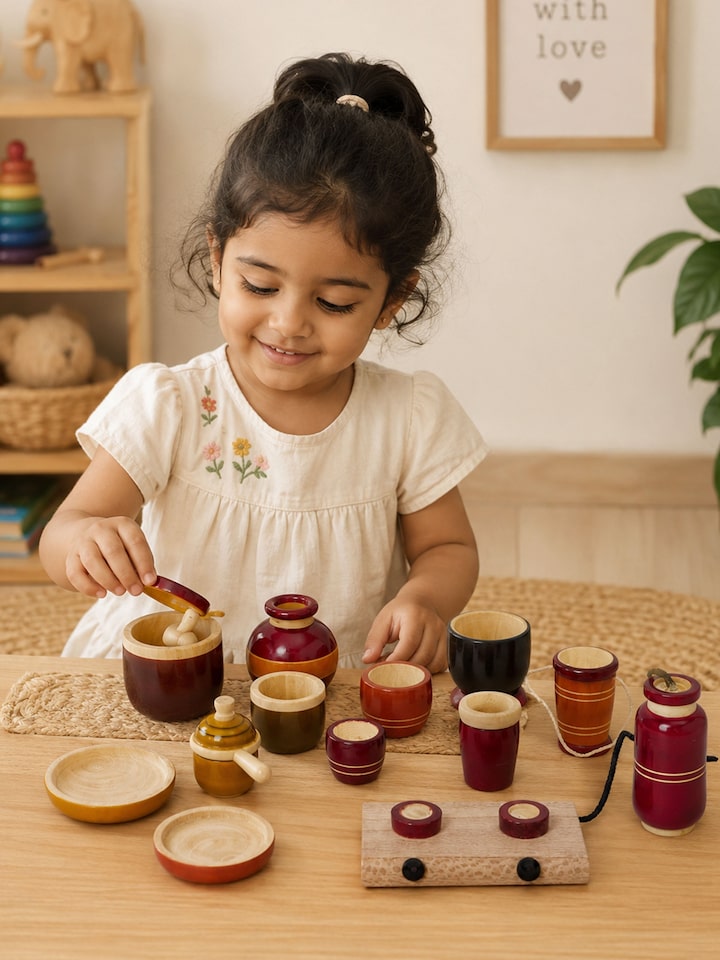 Side view of the Channapatna Wooden Children's Kitchen Set