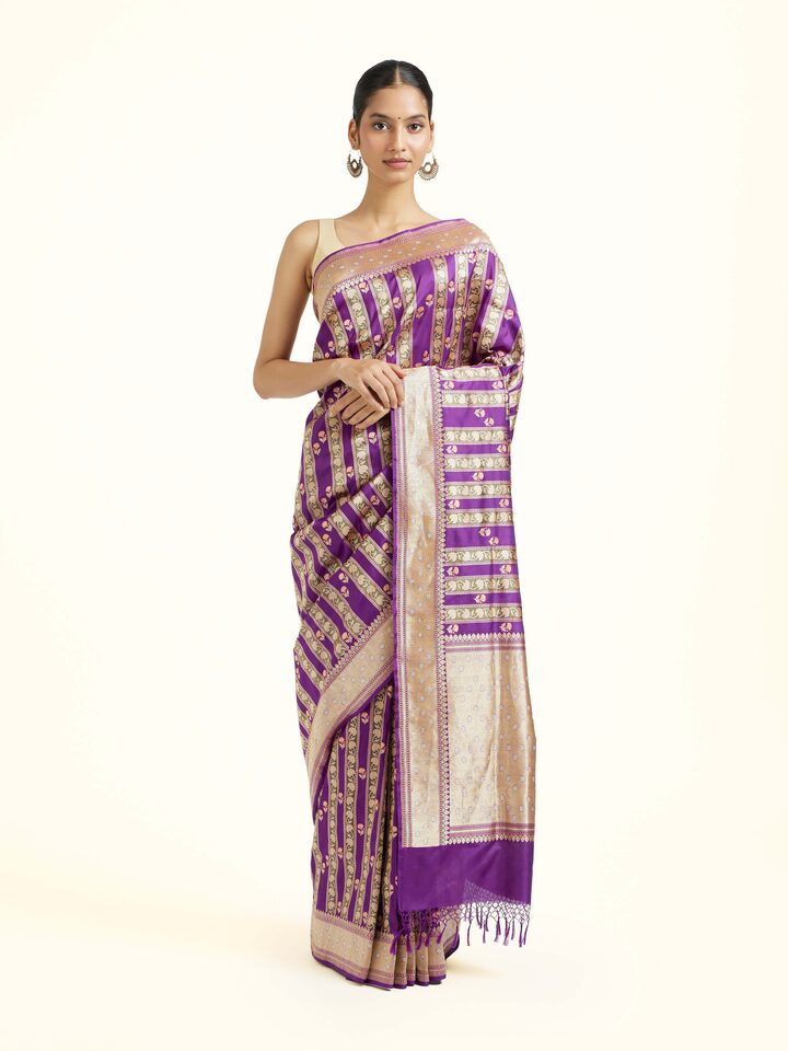 Front view of the Purple Banarasi Handloom Kadhwa Saree