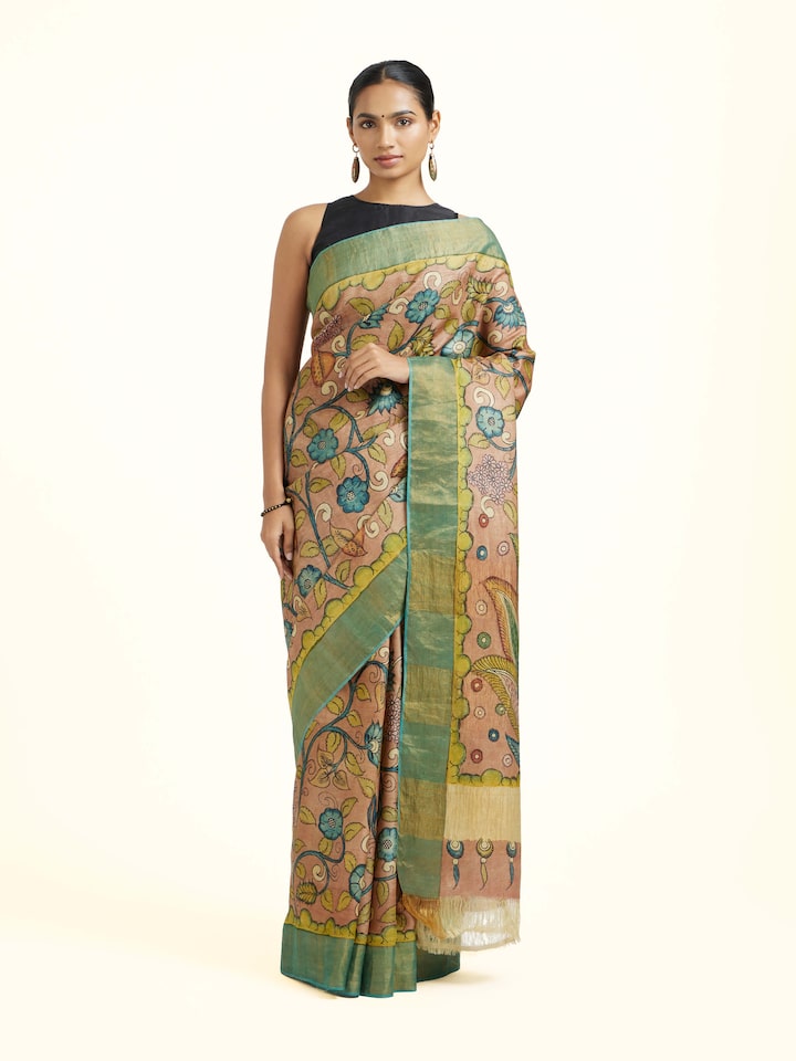 Front view of Tussar Silk Kalamkari Saree showing the full drape and pallu design
