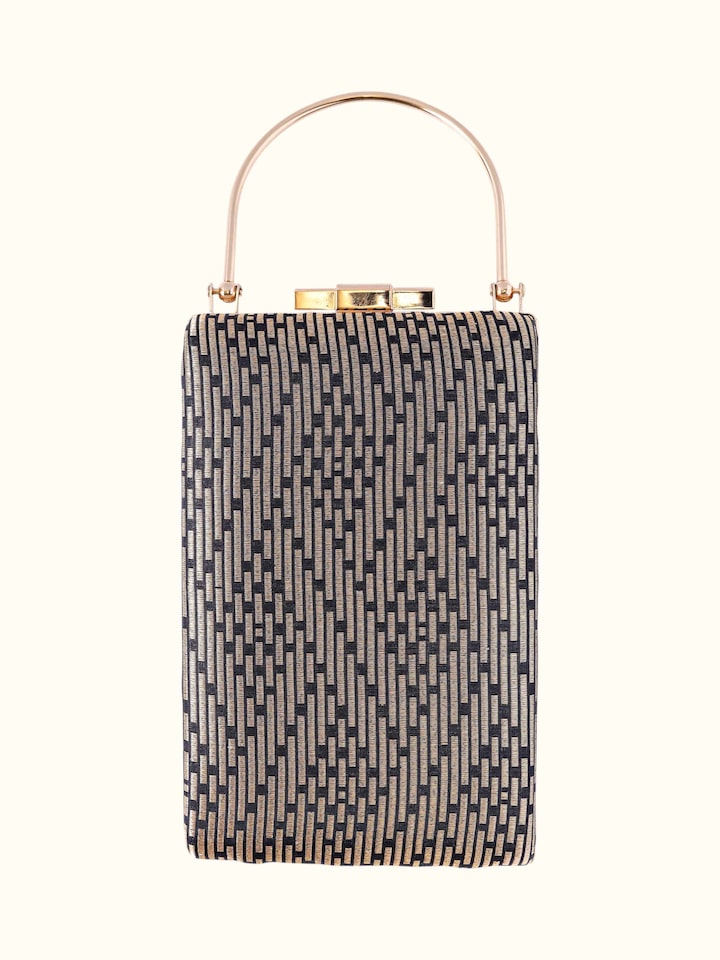Front view of Black Banarasi Silk Handbag showing the front design and silhouette