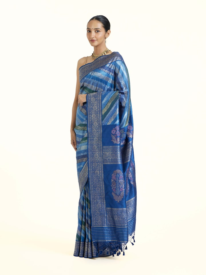 Side view of Indigo Ashavali Brocade Silk Saree highlighting the detailed craftsmanship and elegant silhouette