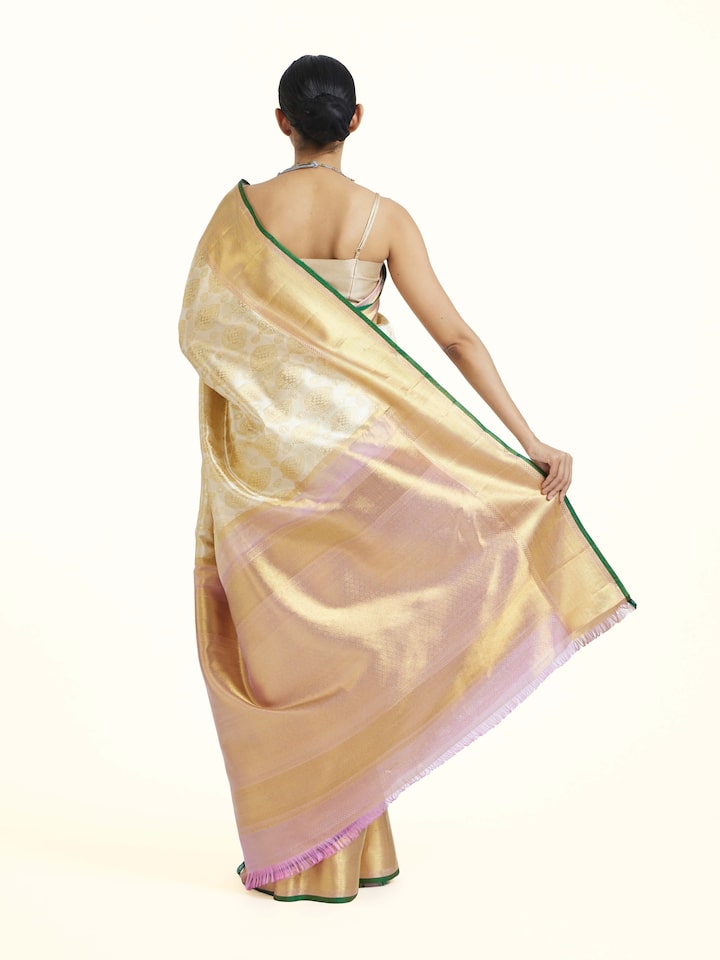 Back view of Gold Kancheepuram Silk Zari Saree emphasizing the overall design and fine details