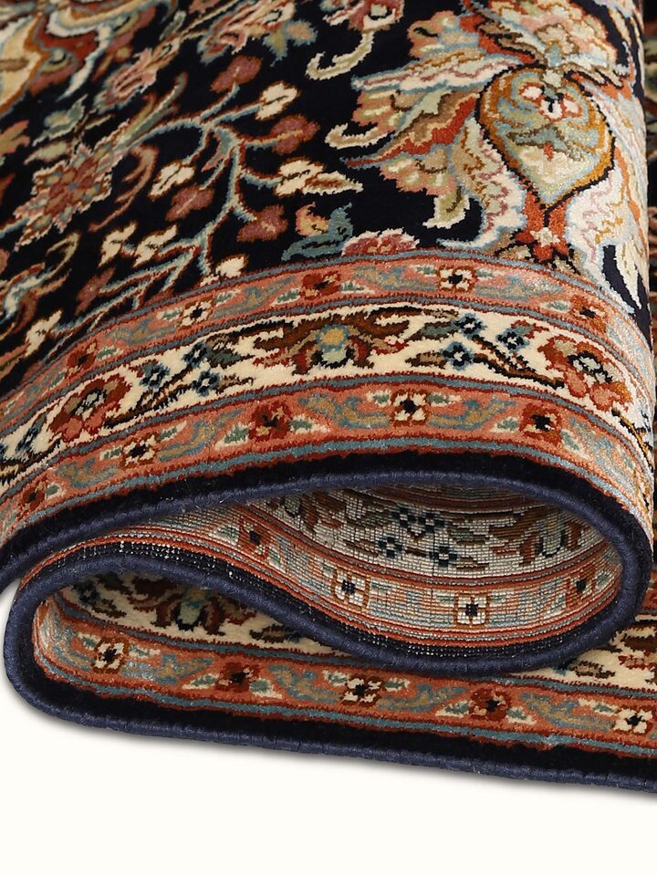Traditional Persian Navy Blue Shah Abbasi Kashmir Silk Hand-knotted Rug