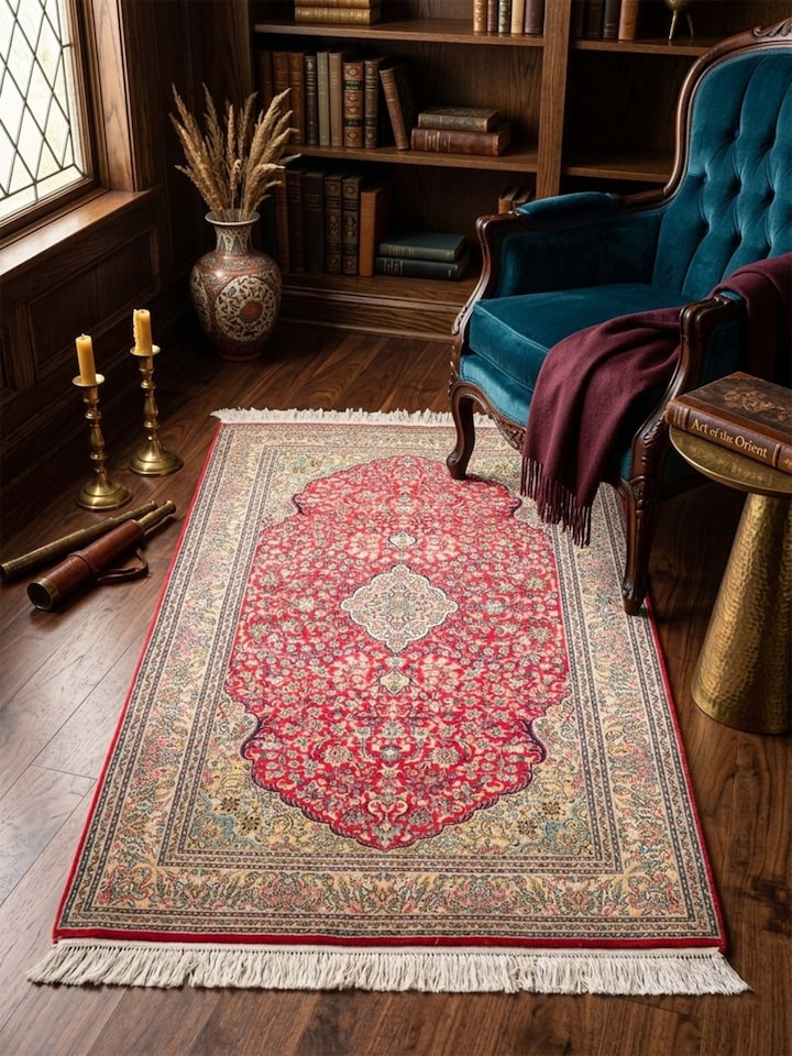 Lifestyle view of the Traditional Persian Red Ivory Kashan Kashmir Silk Hand-Knotted Carpet