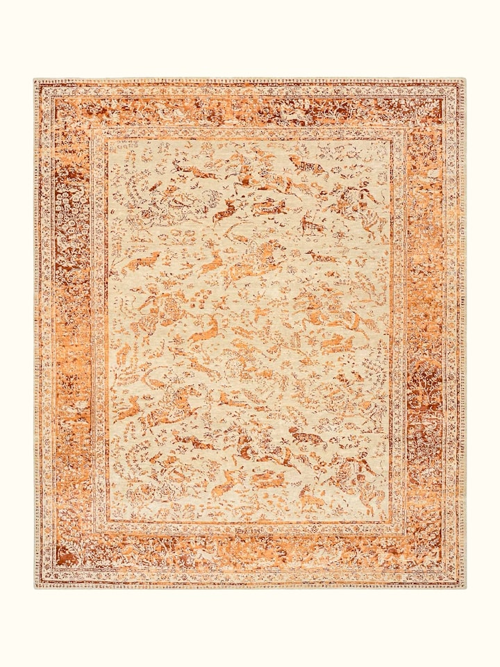 Front view of Transitional Persian Ivory Rust Shikargah Bhadohi Wool & Bamboo Silk Hand Knotted Rug showing the full rug and pattern layout