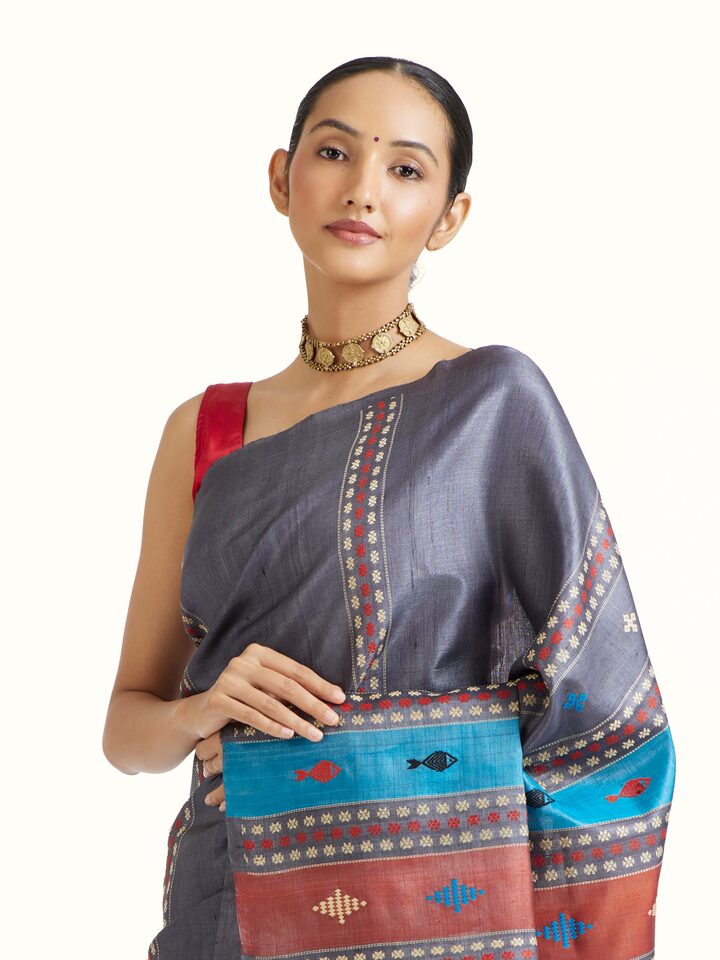 Black Tussar Silk Extra-weft Saree