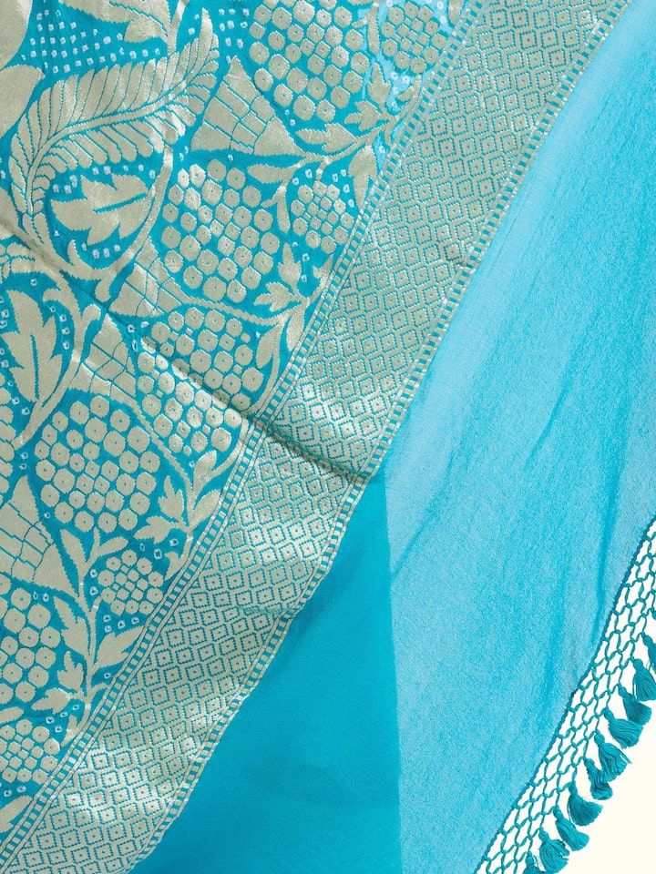Detailed view of Turquoise Bandhani Tie & Dye Dupatta focusing on the fine craftsmanship and texture
