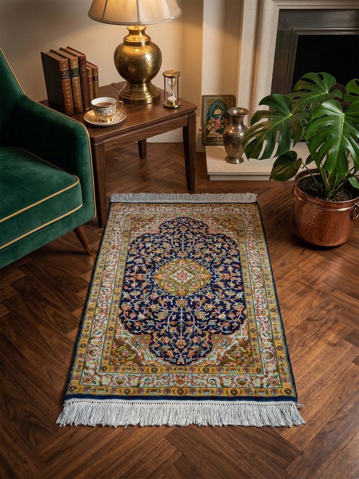 Lifestyle view of the Traditional Persian Navy Green Kashan Kashmir Silk Hand-Knotted Carpet