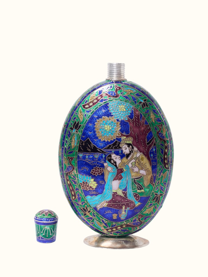 Close-up view of Enamelled Silver Flask highlighting the handcrafted detailing and finish, from a different angle