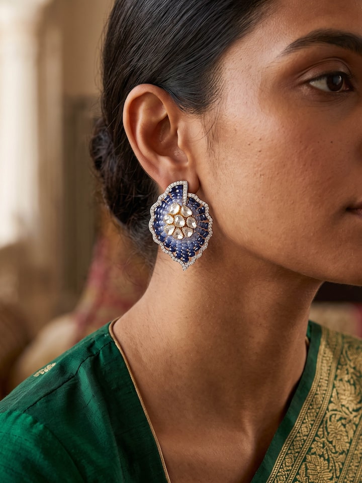 Styled view of Dank Polki 14 Karat Gold Studs displayed, showing how it looks styled