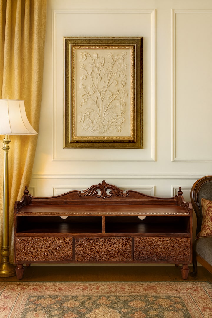 Styled view of Carved Sheesham Wood Entertainment Unit styled in a room setting