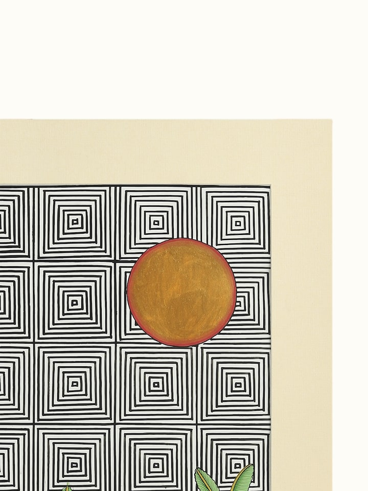 Close-up detail of the Tiger Forest Geometric Pichwai Painting