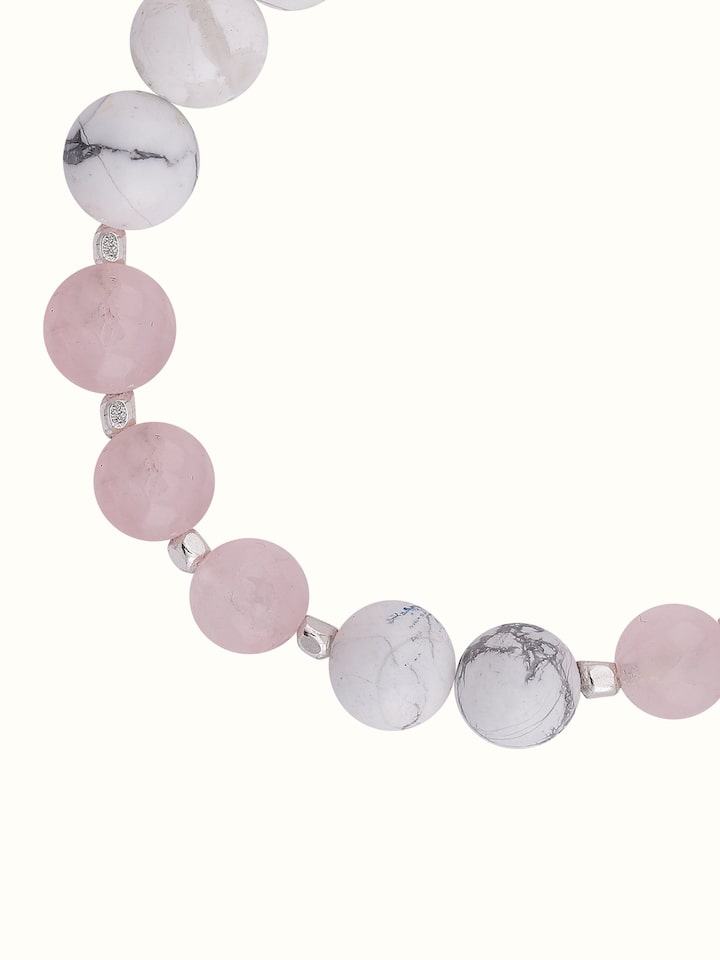 Overview of Gemstone Rose Quartz & Howlite Bead Silver Bracelet showing the complete piece laid out