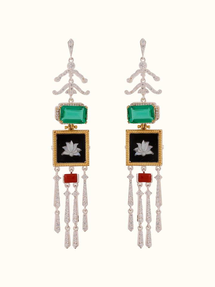 Front view highlighting the elegant Parchinkari silver drop earrings.