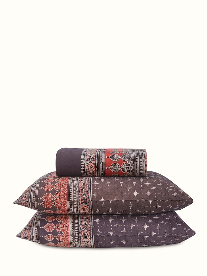 Full view of Sindh multicolour jaal cotton ajrakh block printed king bedspread set (3 pcs) showcasing its vibrant multicolour ajrakh block print and intricate jaal design.