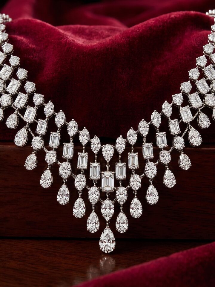 Detail view of Open Setting 18 Karat White Gold Necklace Set with Diamonds highlighting the stone setting and metalwork detail, from a different angle