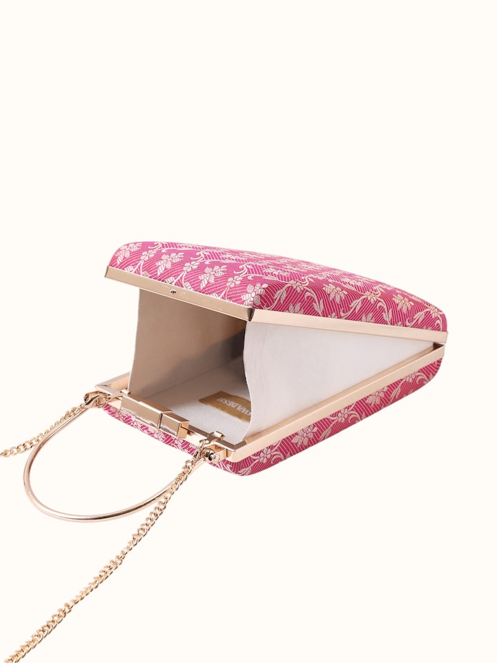 Overview of Pink Banarasi Silk Handbag showing the complete bag