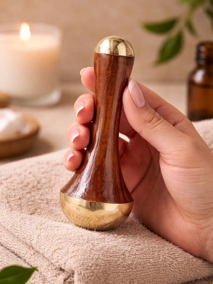 Lifestyle view of the Kansa Wand Ayurvedic Facial and Body Massage Tool