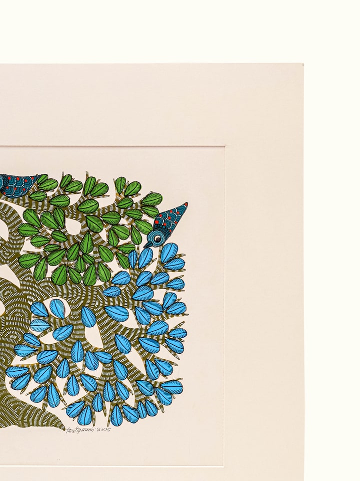 Detail view of the Feathered Tree Gond Art