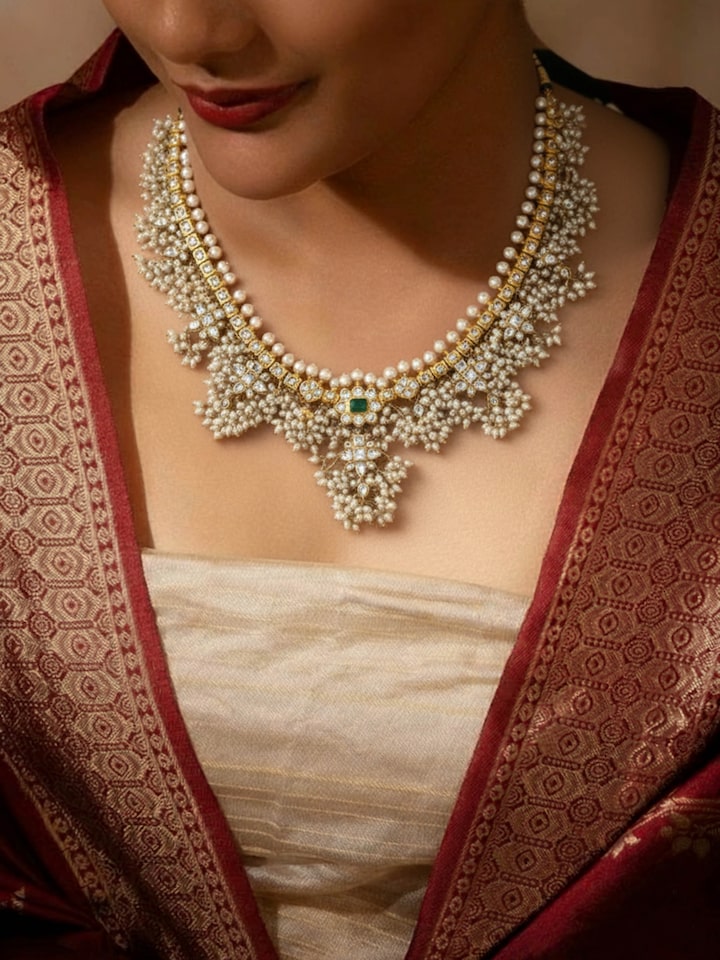 Lifestyle view of Guttapusalu silver long necklace