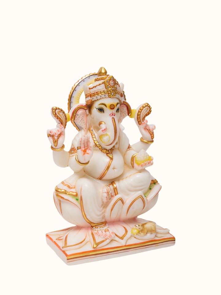 Angled view of the Marble Carved Ganesha Idol