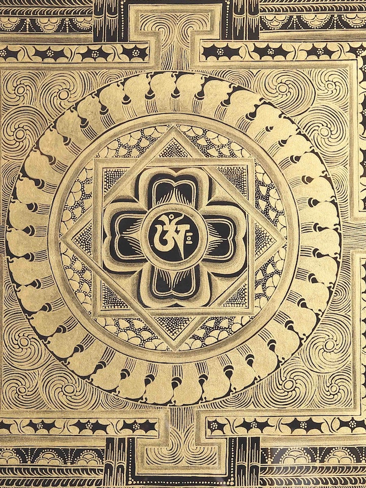 Detail view of Kalchakra Gold Thangka Painting highlighting the intricate linework and detail