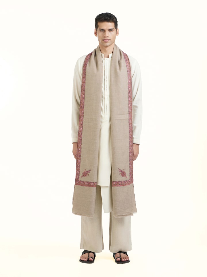 Front view of Brown Sozni Hand Embroidered Shawl showcasing its traditional craftsmanship and design