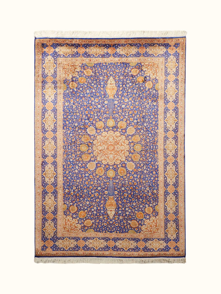 Front view of the Swadesh Traditional Persian Royal Blue Rust Ardabil Kashmir Silk Hand-Knotted Carpet
