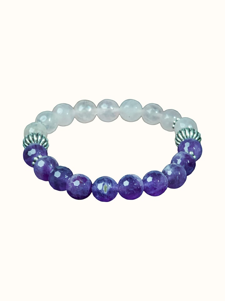 Close-up view of Gemstone Rose Quartz & Amethyst Bead Silver Bracelet highlighting the stone setting and metalwork detail