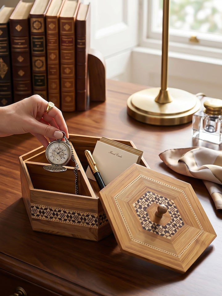 Styled view of Marquetry Rosewood & Mdf Decorative Container Brown Colour styled in a home setting