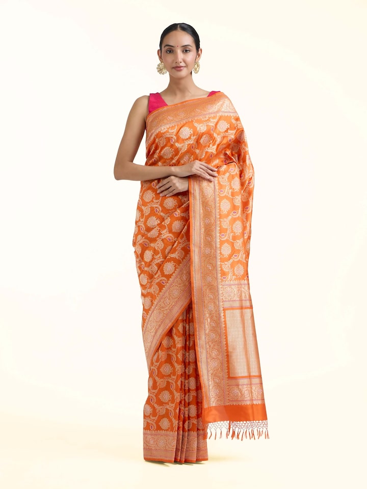 Front view of Orange Banarasi Kadhwa Silk Saree showcasing its traditional craftsmanship and design