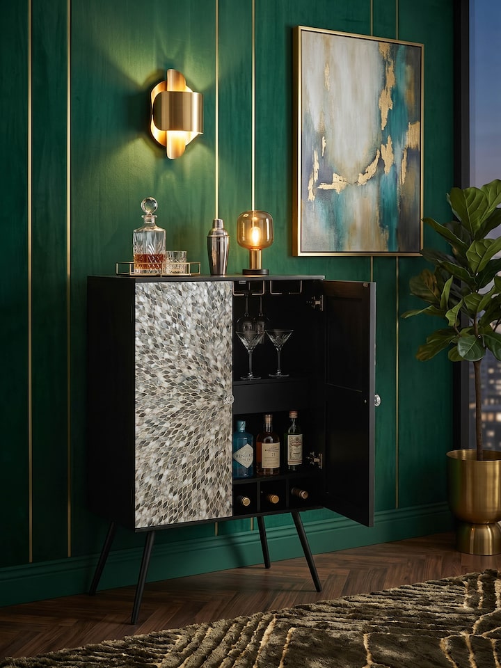 Mother-of-Pearl Inlay Mango Wood Bar Cabinet