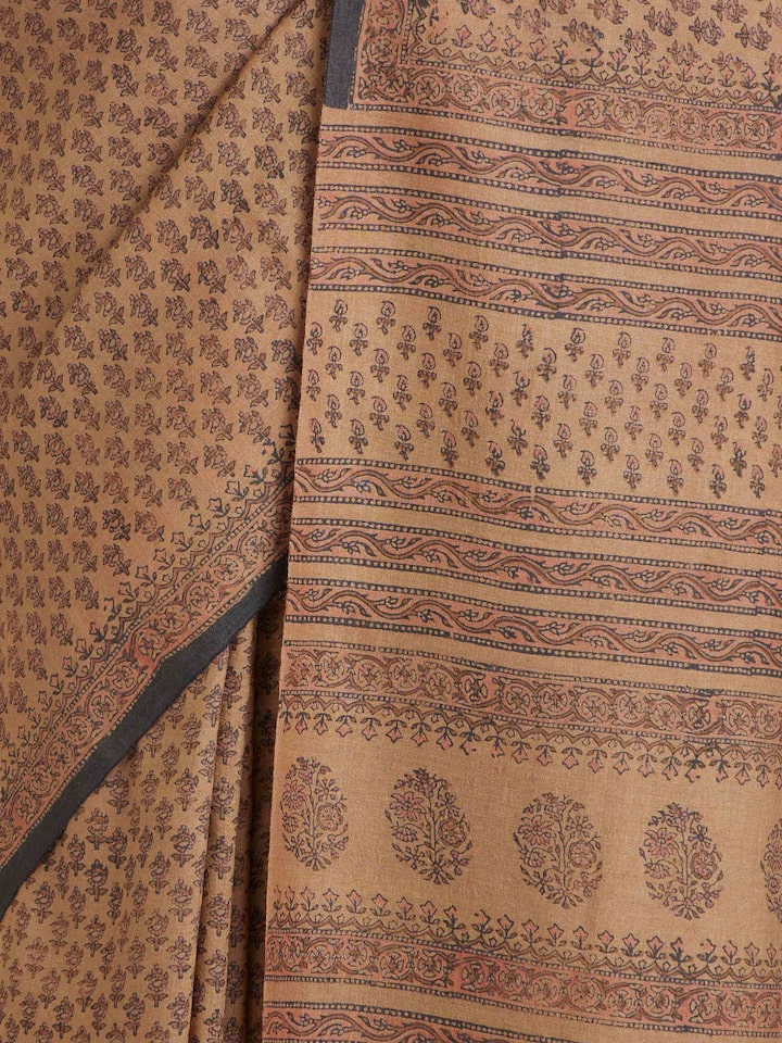 Detailed view of Beige Tussar Muga Silk Bagru Block Printed Saree focusing on the fine craftsmanship and texture